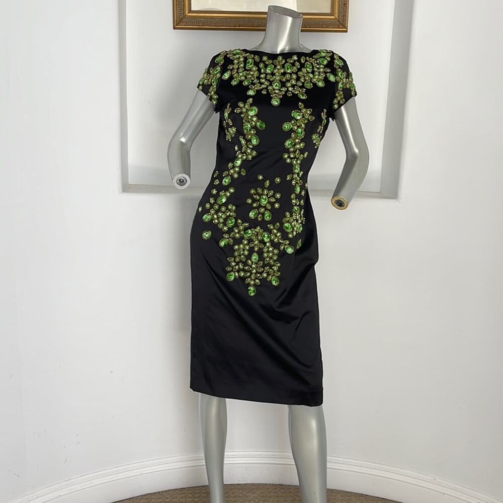 Mandalay Beaded Vintage Sheath Dress Satin Black Green  Size 10 Cocktail Party